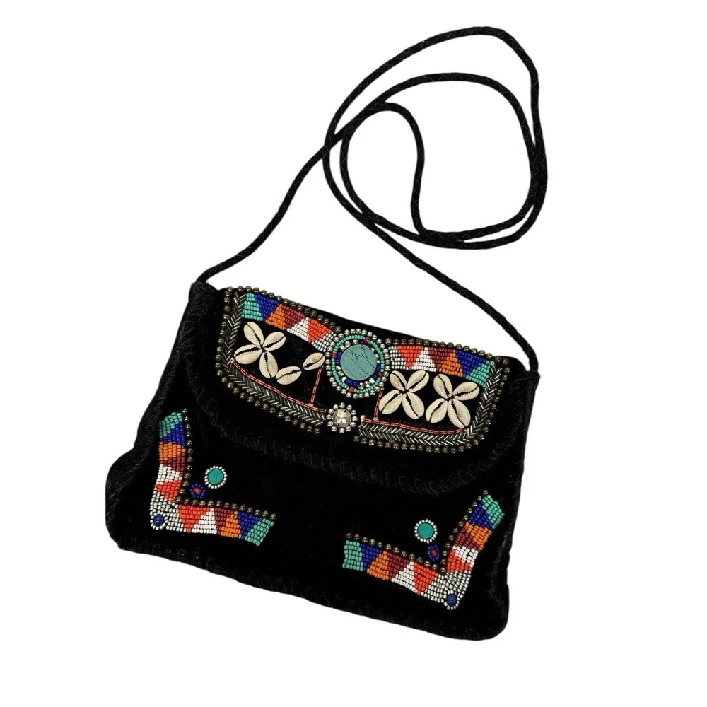 Vintage Bohemian Hobo‎ Embroidered Embellished Crossbody Black Suede Purse Bag